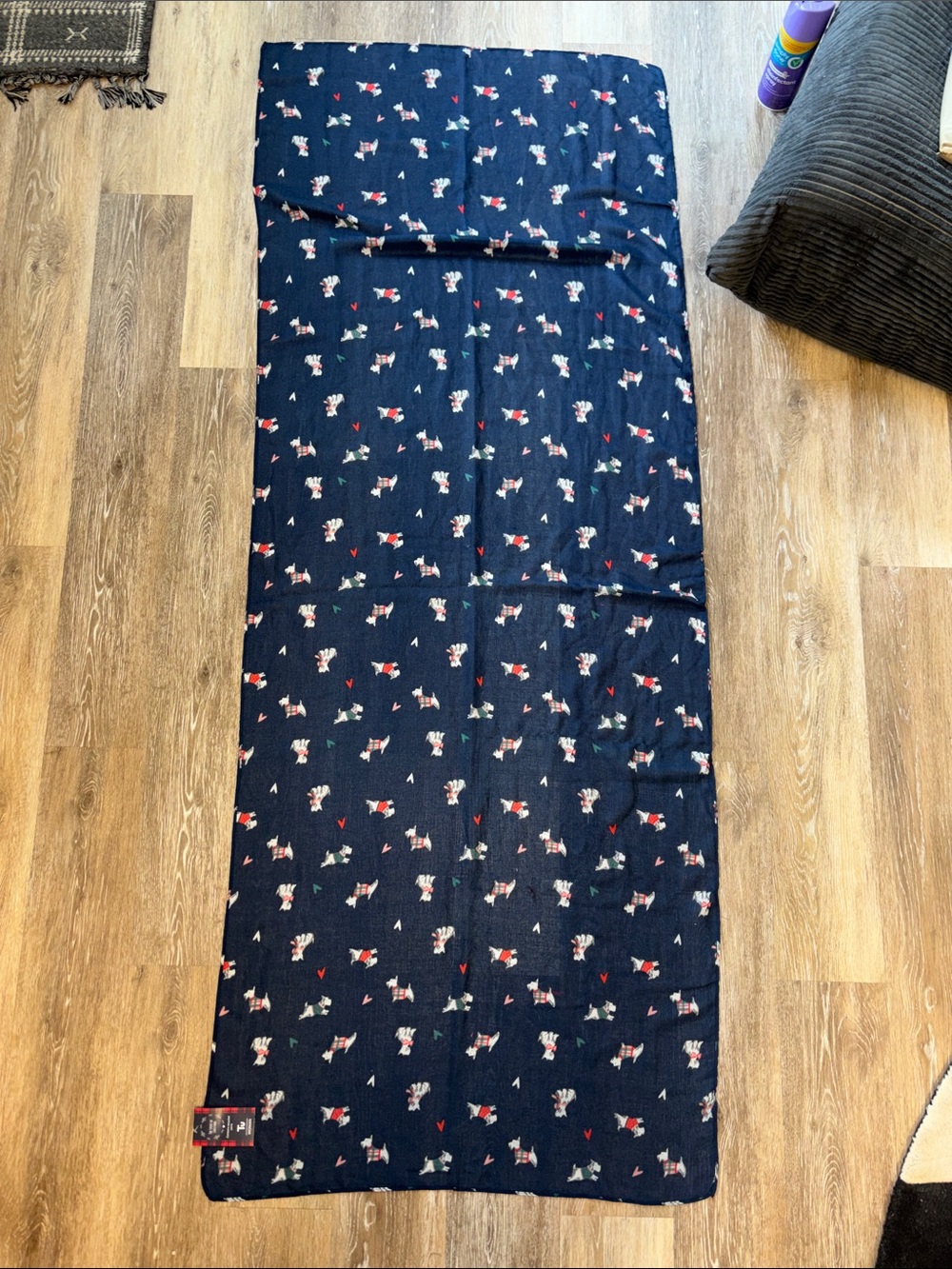 Navy Dog Print Bed Scarf TU NWT NEW recycled yarn dogs Scottie plaid bows hearts